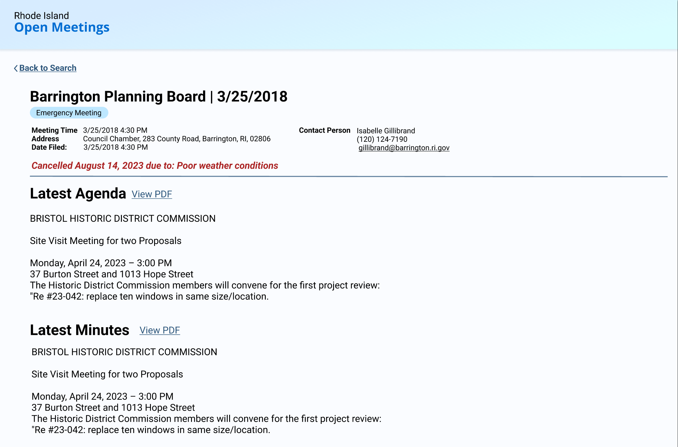 An image of the redesigned meeting info page. The page heading states
    "Barrington Planning Board | 3/25/2018". Below the heading, there is a section
    containing the meeting time, address, date filed, and contact person. Next, 
    there are "Latest Agenda" and "Latest Minutes" sections containing links 
    titled "View PDF" and plain text versions of the agenda and minutes, respectively