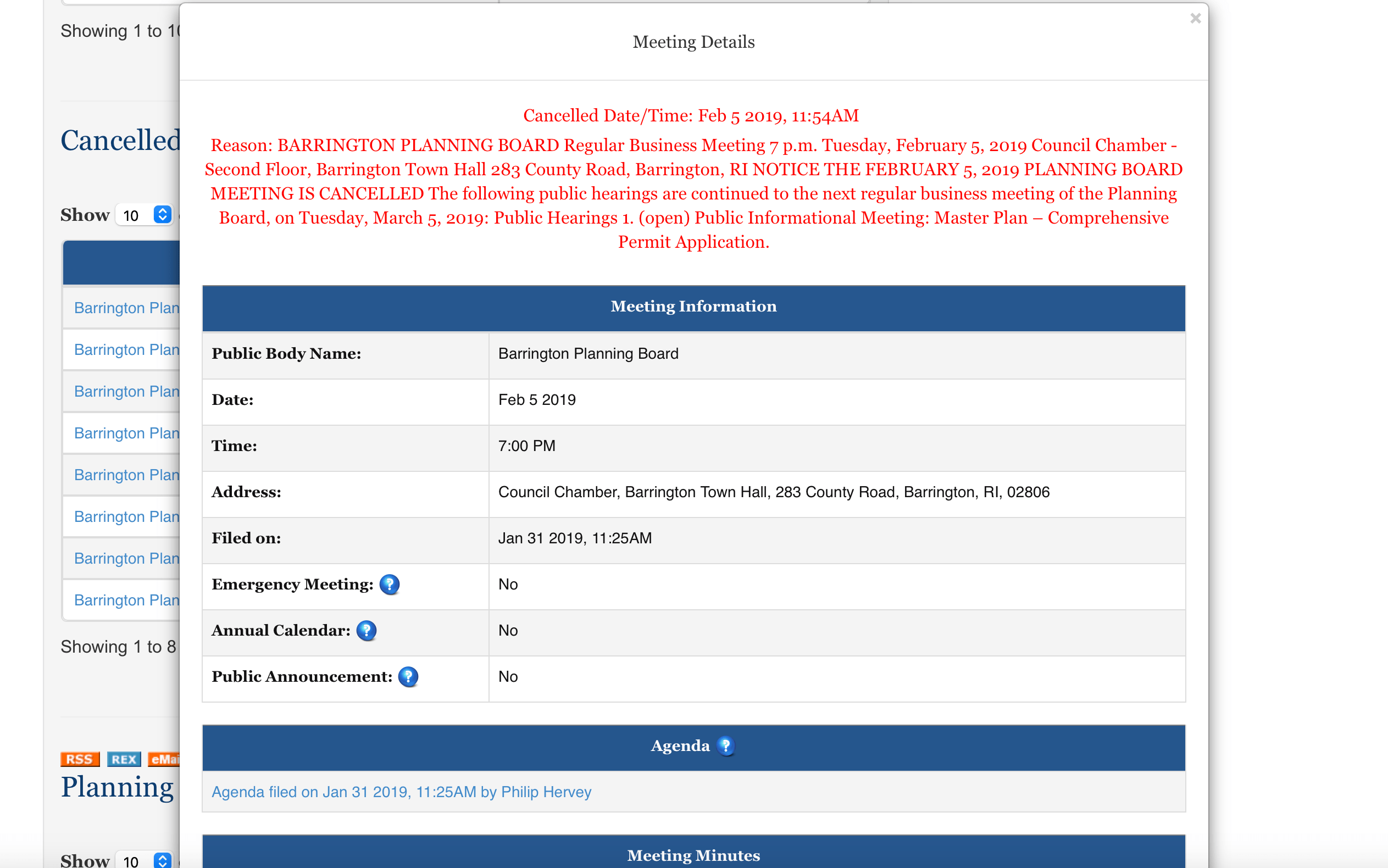 An image of the current portal, with a modal showing meeting information.
    There is a table titled "meeting information" with info such as body name, 
    date, time, etc., and a section titled "Agenda" containing a link titled
    "Agenda filed on Jan 31 2019, 11:25AM by Philip Hervey".