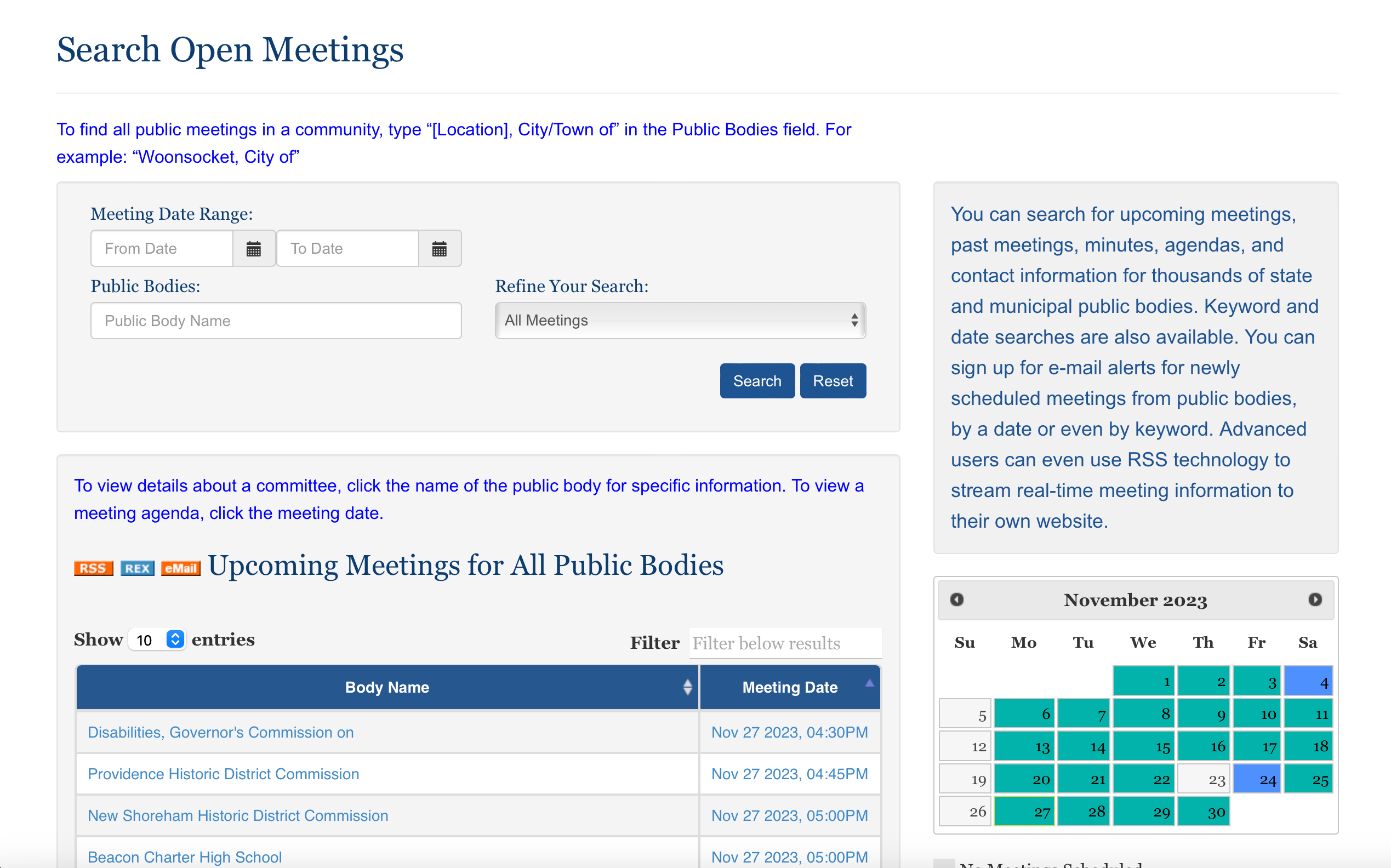 An image of the current portal's search page, showing an interface
    with inputs for a meeting date range, public body name, and dropdown
    with the label 'Refine Your Search'